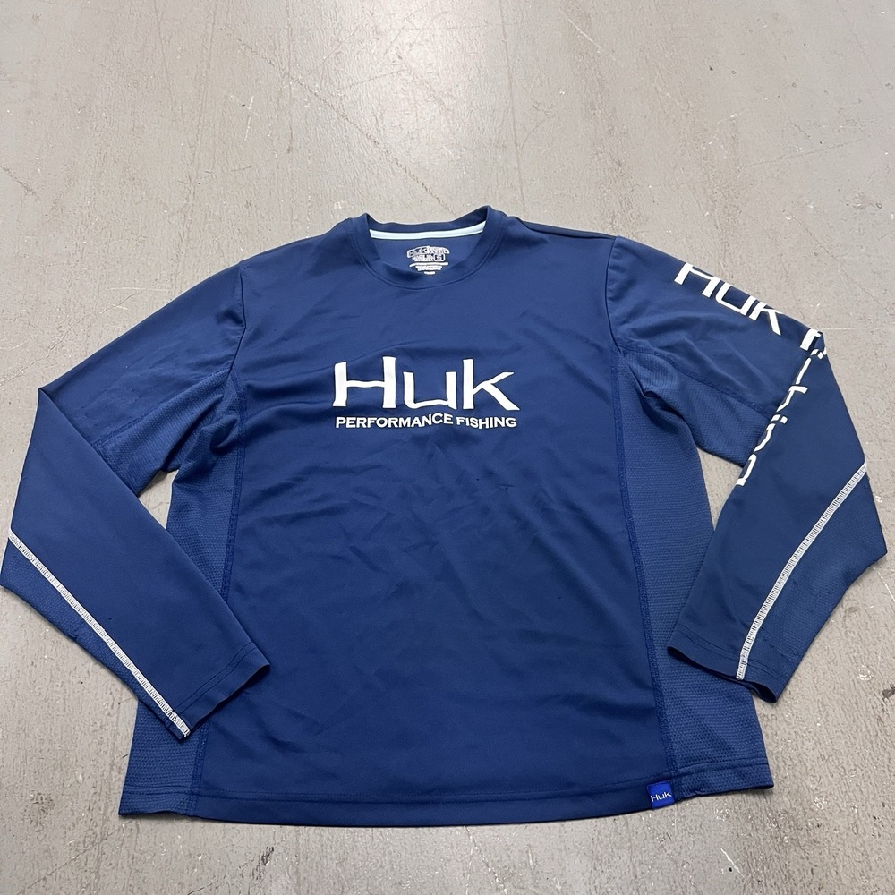 Huk Performance Blue/White Long Sleeve‎ Fishing Shirt Size Small UPF Quick-Dry